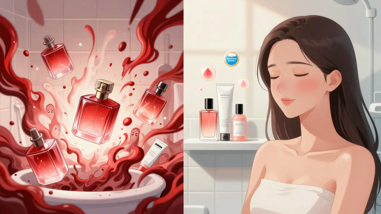 Contrast of chaotic scented skincare vs calm fragrance-free routine with healthy skin glow.