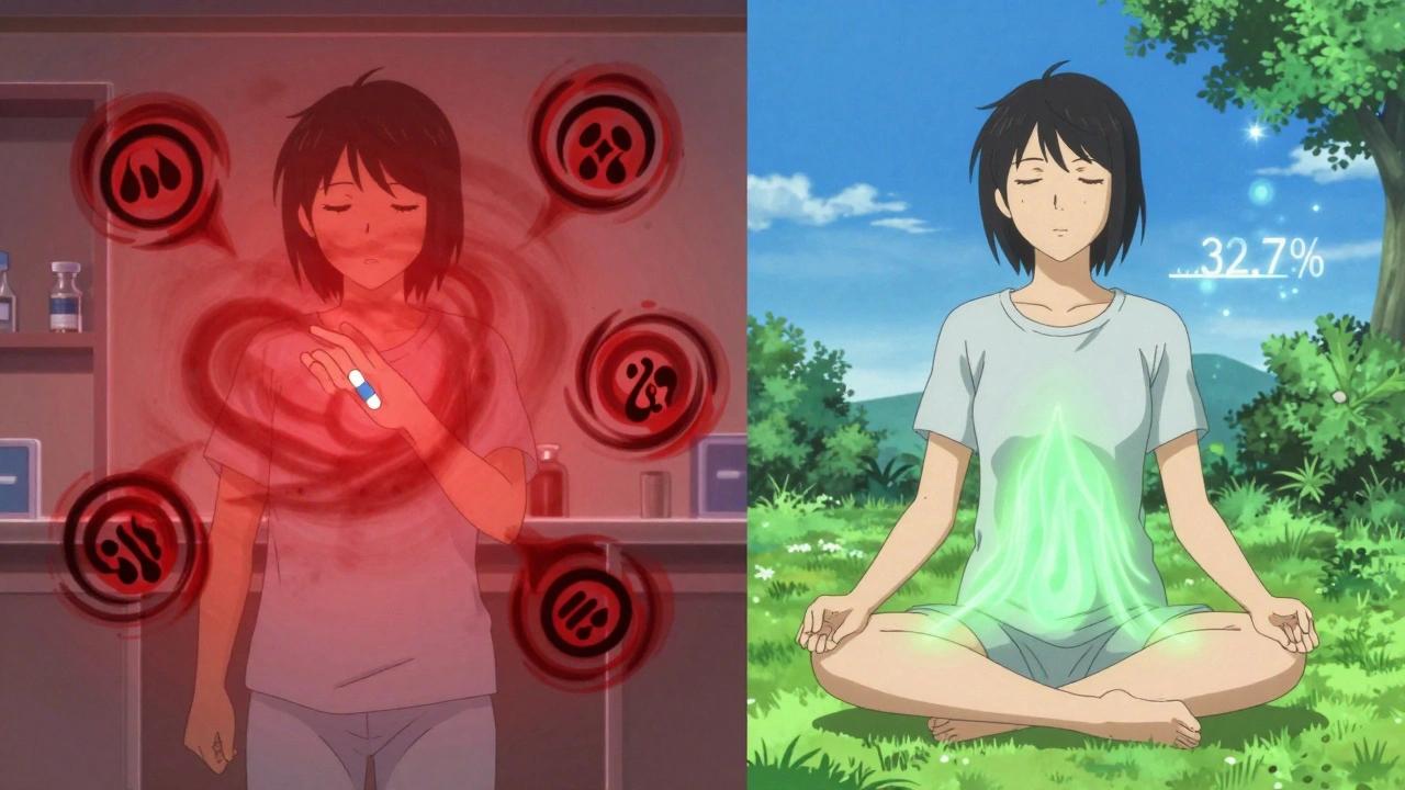 Contrasting SSRI side effects with mindfulness calm in a split-panel scene.