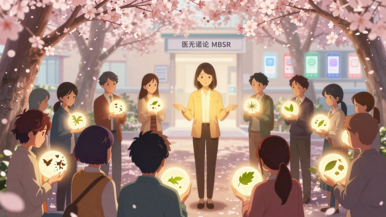 Diverse group releasing anxiety as glowing orbs transform into birds under cherry blossoms.