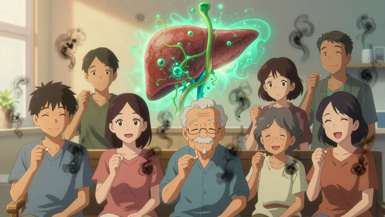 Diverse patients smiling while taking daily pills, with a healthy liver glowing behind them as the virus fades away.