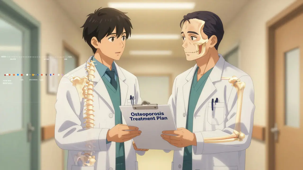 Doctor and dentist reviewing treatment plan with translucent skeleton showing fracture and jaw health contrast.