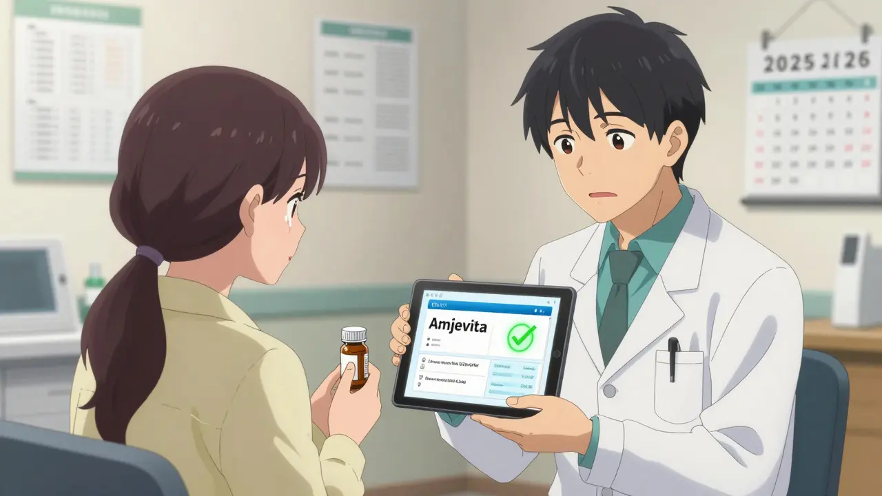 Doctor and patient reviewing biosimilar drug options on a tablet in a bright clinic room.