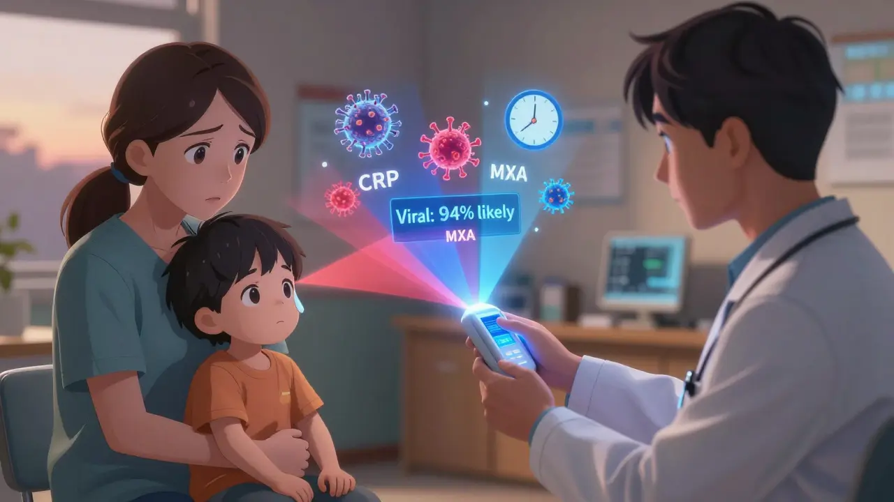 Doctor using a glowing FebriDx device in a clinic, showing viral infection result to a worried parent and child.