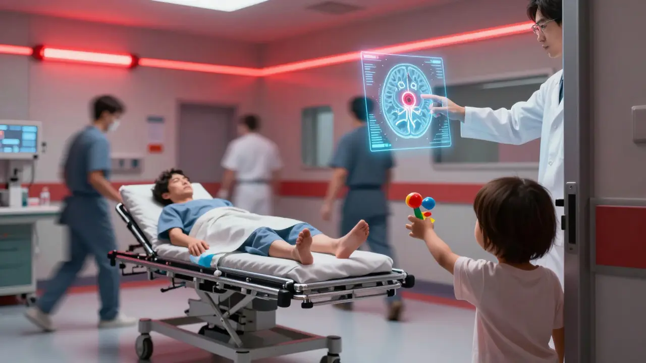 Emergency room scene with patient rushed on gurney, holographic brain scan glowing red, medical staff in motion.