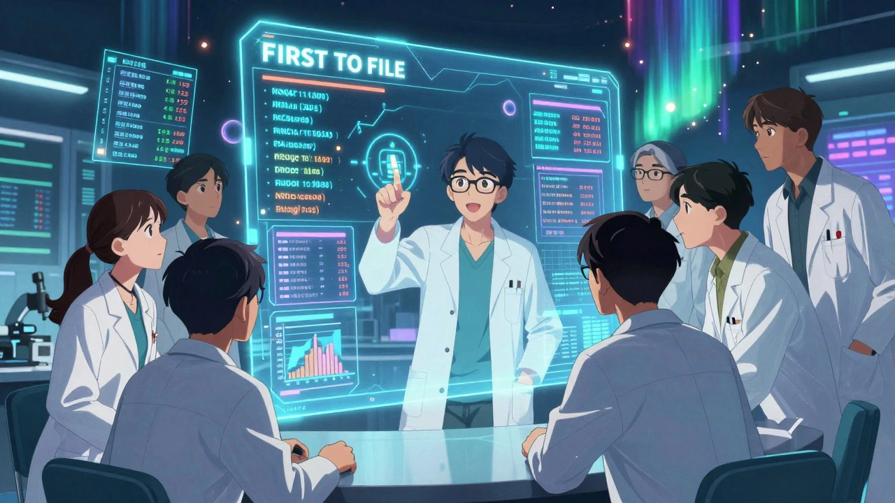 Generic drug developers monitor a holographic Orange Book interface with patent countdowns and data streams glowing around them.