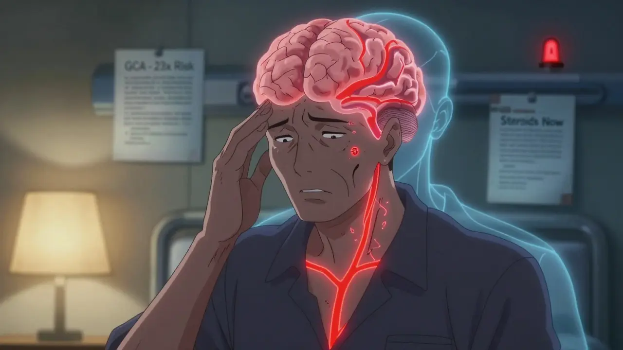 Middle-aged person with glowing inflamed artery on temple, brain silhouette showing warning signs in medical context.