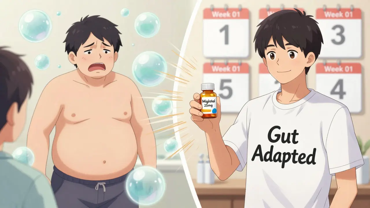 Patient receiving low-dose miglitol pill, side-by-side comparison of distress and calm over four weeks.