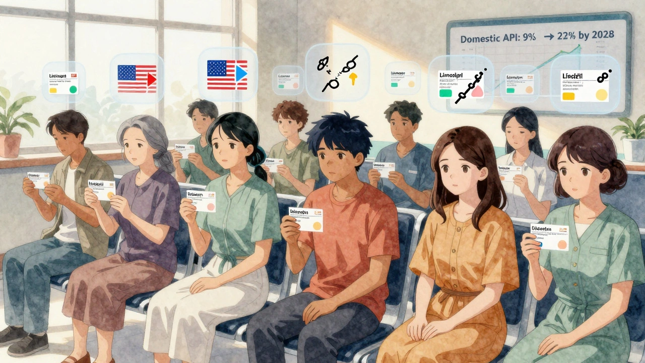 Patients in clinic holding prescriptions with floating supply chain icons showing U.S. manufacturing advantage.