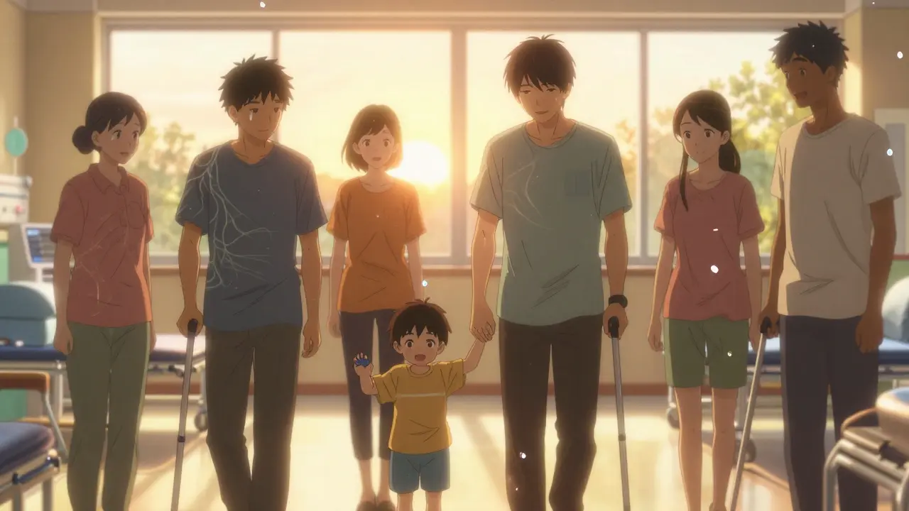 Patients recovering from GBS walking with support, bathed in sunset light, symbolizing hope and progress.