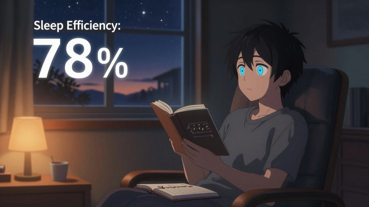 Person sitting alert in dim living room at 2 AM, reading while tracking sleep hours in notebook, dawn outside window.