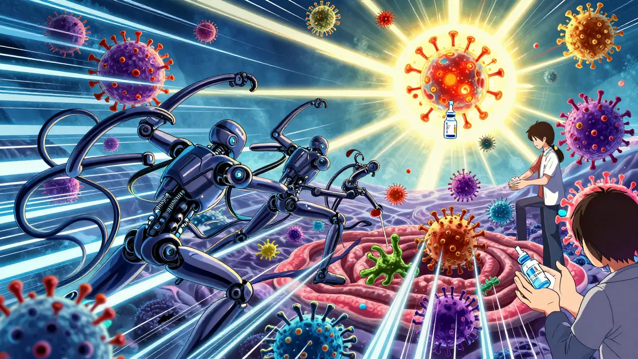 Phage viruses fighting superbugs in a neon-lit gut, with a vaccine rising like a sun in the background.