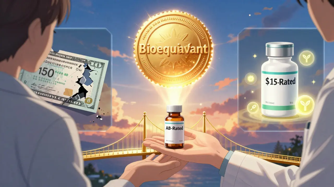 Pharmacist handing a patient an AB-rated pill bottle with a golden bioequivalence seal above.