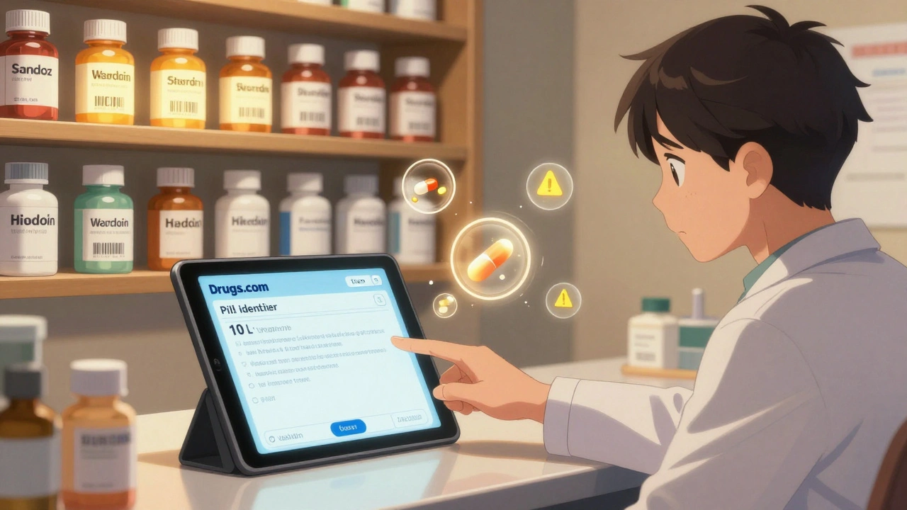 Pharmacist showing pill identification on tablet, shelves of generic brands in background.
