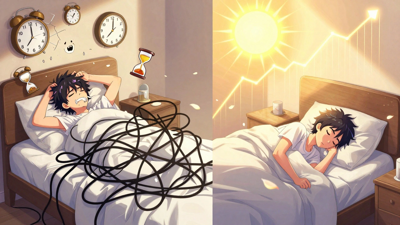 Split image: left shows restless insomnia, right shows peaceful sleep with rising efficiency graph, sunrise lighting.