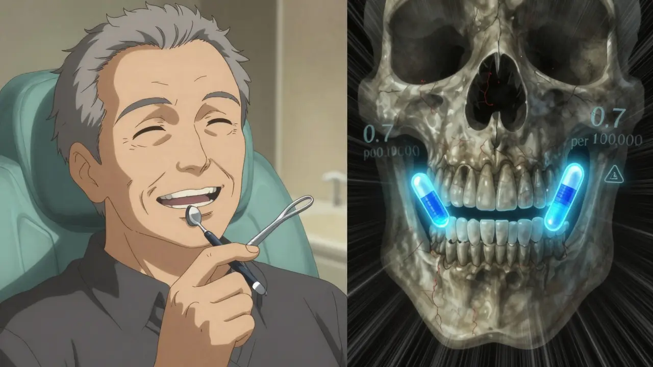Split scene: healthy jaw vs. necrotic jaw with bisphosphonate molecules and rare risk statistics.