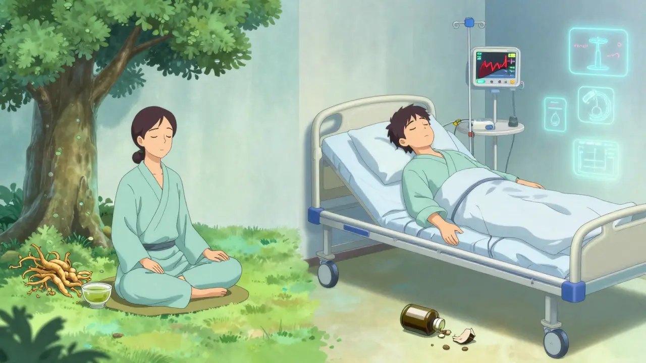 Split scene: peaceful meditation vs. hospital crisis from kava-induced liver damage.