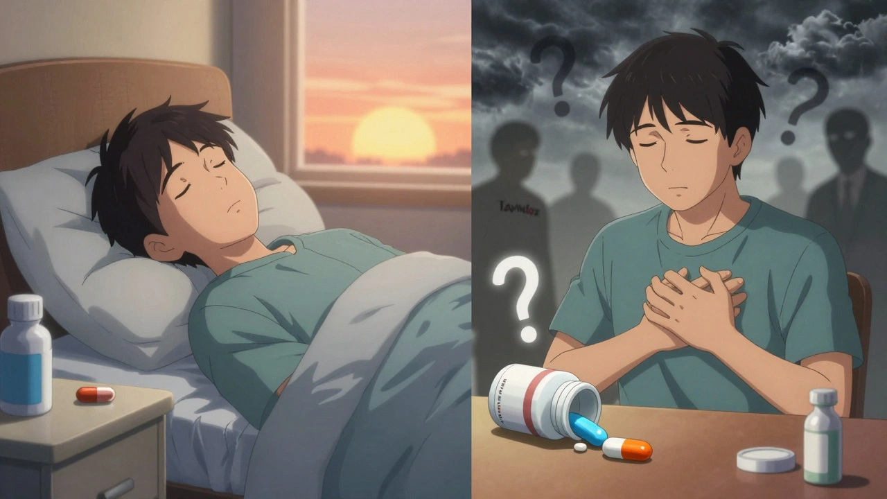 Split scene: peaceful patient with familiar pill vs. anxious patient with new pill, symbolic manufacturers floating.
