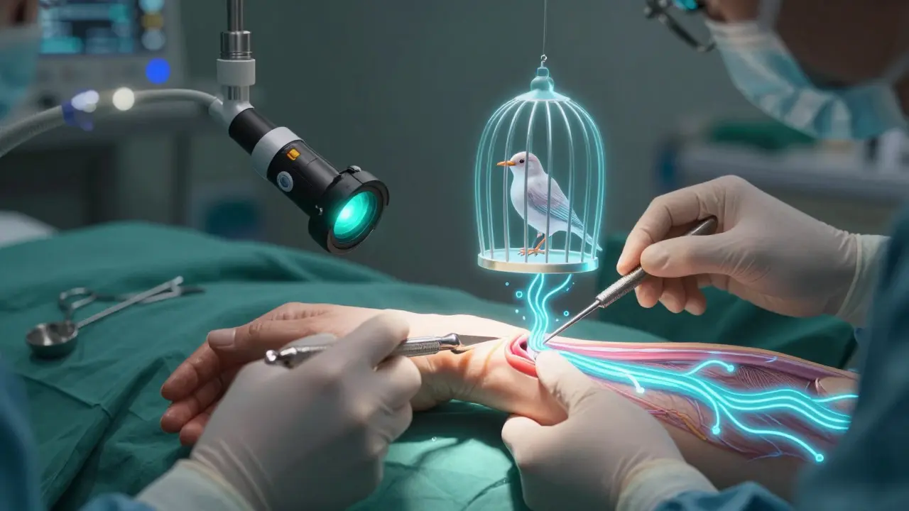 Surgeon performing endoscopic wrist surgery, releasing compressed median nerve with light.