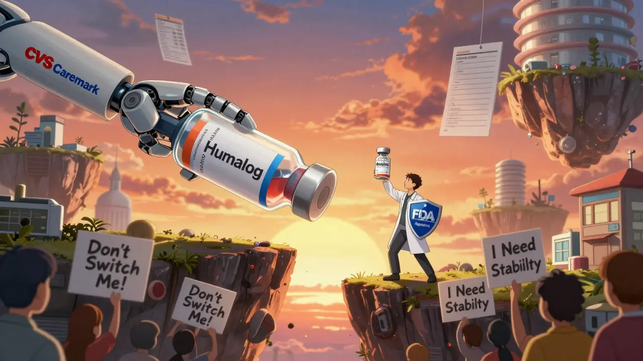 Symbolic battle between brand-name drug and biosimilar in a surreal pharmacy landscape.