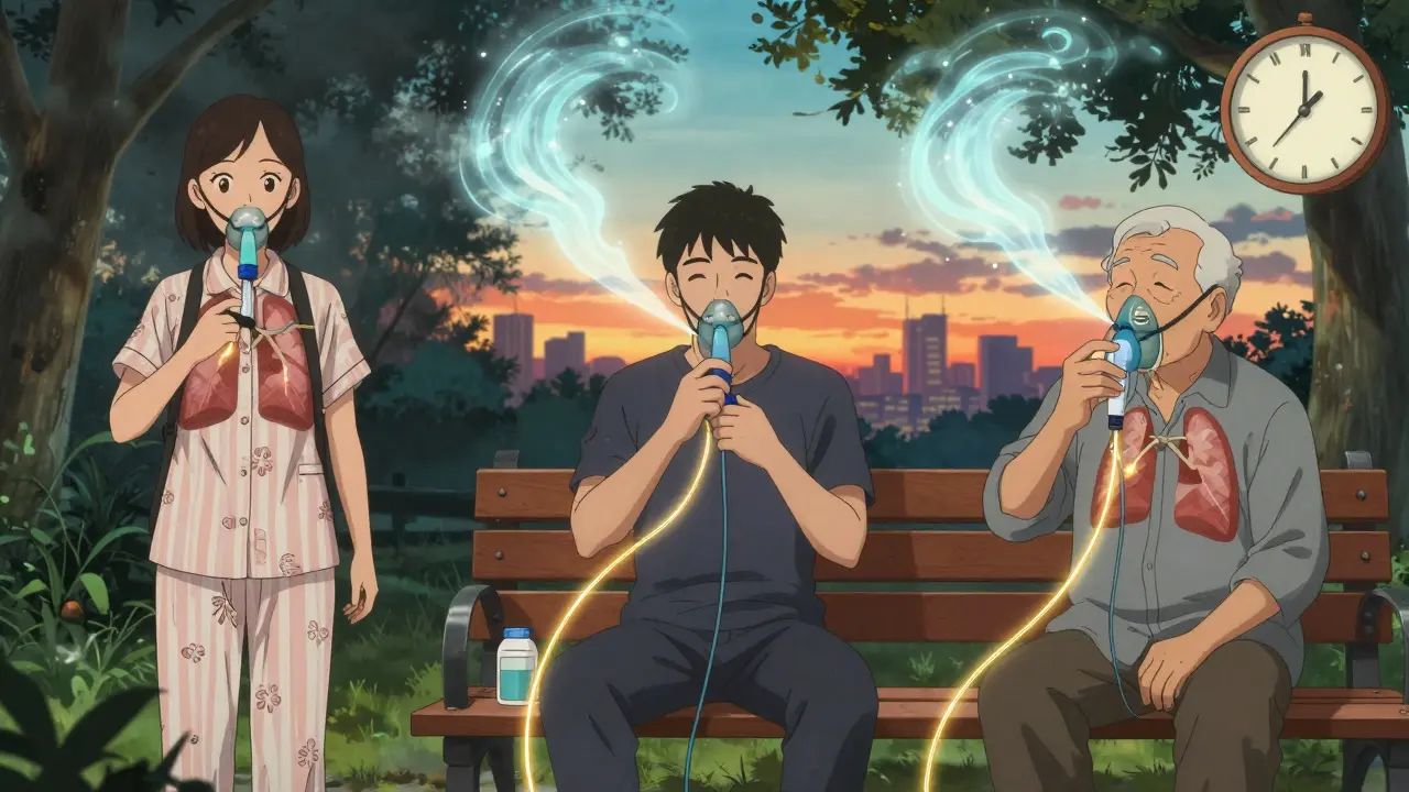 Three patients using different airway clearance methods, connected by glowing threads of cleared mucus against dark stagnant air.