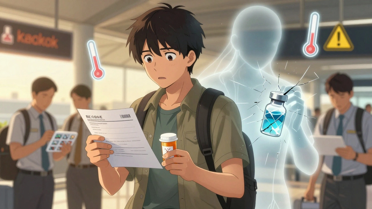 Traveler at Bangkok airport with prescription bottle as ghostly damaged insulin fades behind.