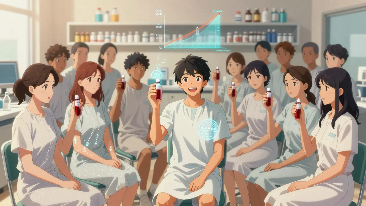 Volunteers in a clinic with glowing data streams rising from their blood samples.