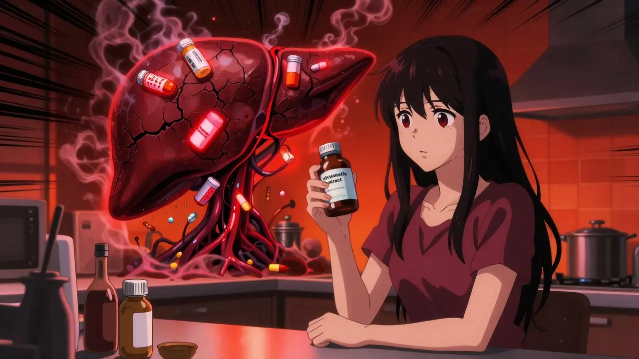 Woman holding toxic kava extract as a monstrous liver rises behind her with pill bottles.