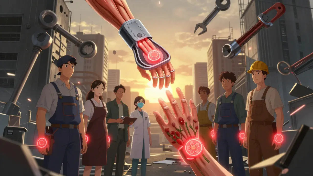 Workers with glowing wrist pressure zones, reaching for ergonomic tools as recovery dawns.