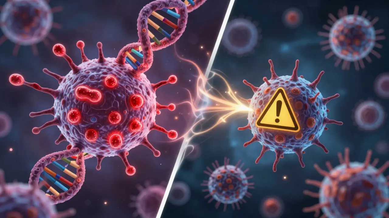 A cancer cell dying through apoptosis as ceramide signals and immune cells respond in a stylized microenvironment.