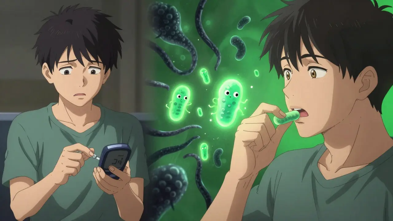 A diabetic person chewing xylitol gum as healthy bacteria fight off fungal growth.