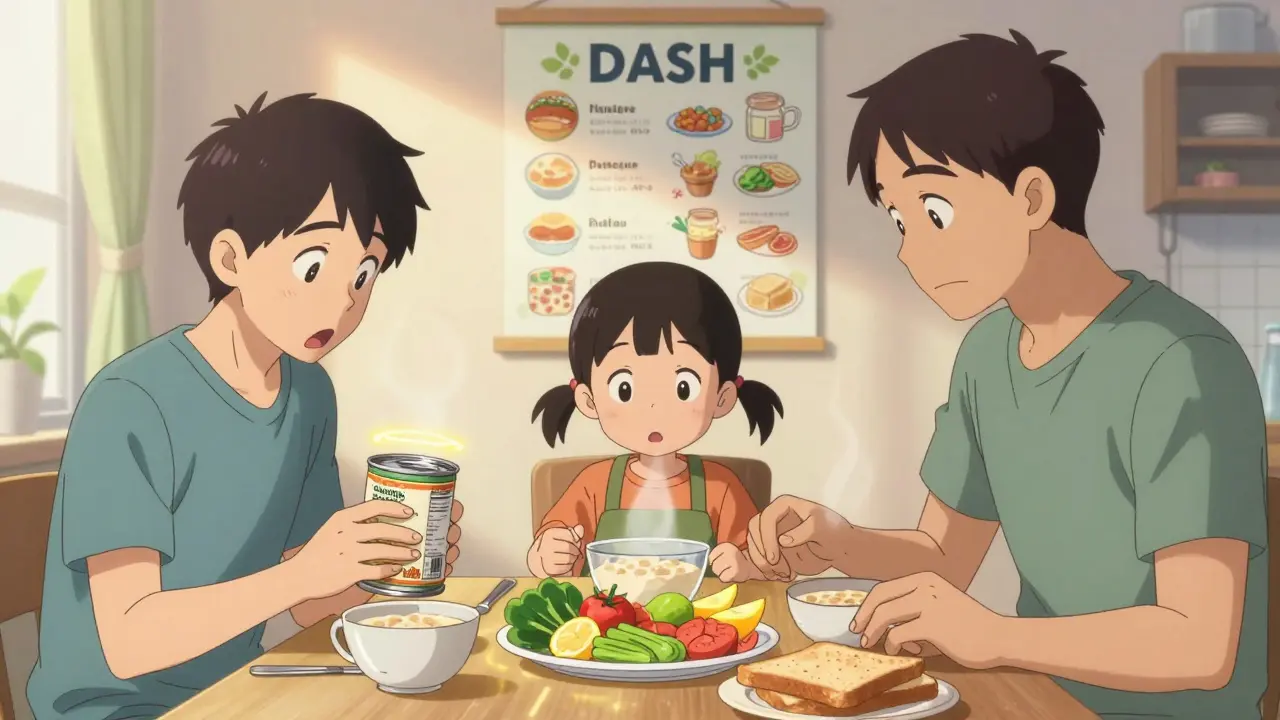 A family preparing a low-sodium DASH diet breakfast with nutrition labels and fresh foods.