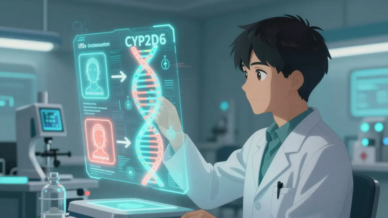 A holographic DNA strand matching antiemetics to a patient's genetics in a futuristic medical room.