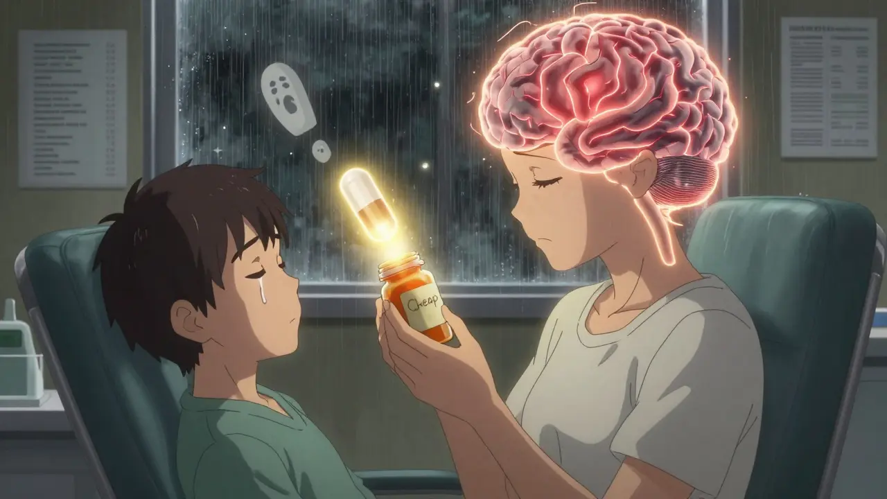 A patient holding a generic pill bottle, their brain depicted as dim neural patterns, contrasting with a glowing brand-name pill above.