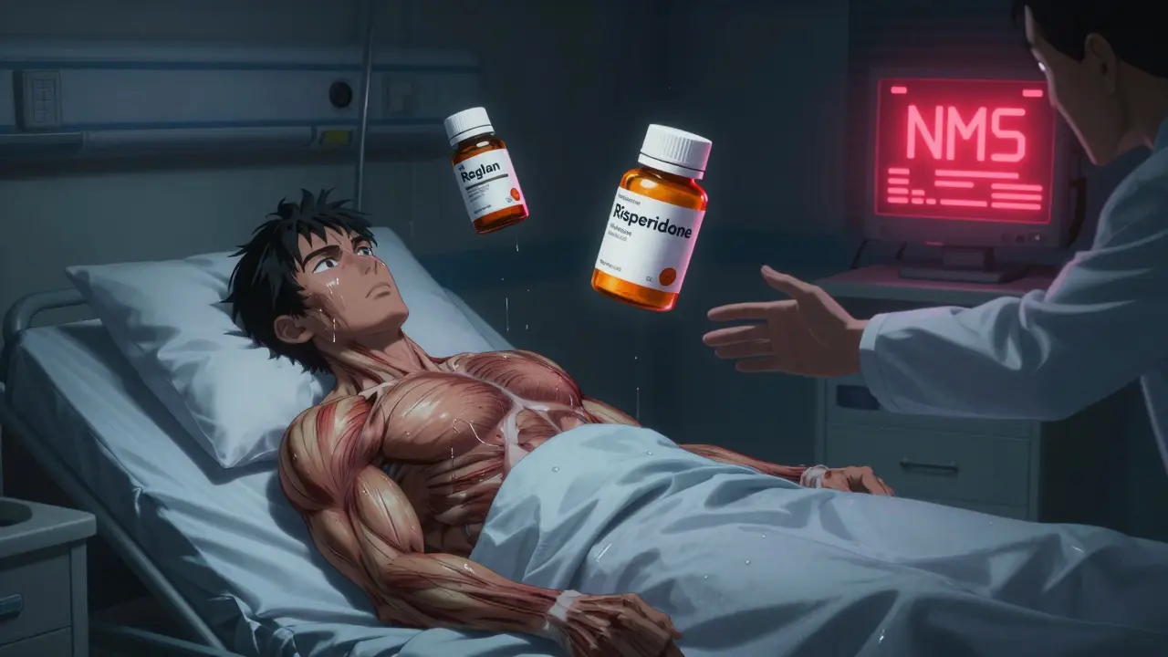 A patient in rigid paralysis under dim hospital lights, with floating medication bottles and a glowing NMS alert on a monitor.