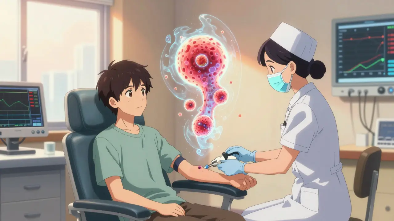 A patient receiving a blood draw while holographic tumor fragments dissolve above them.