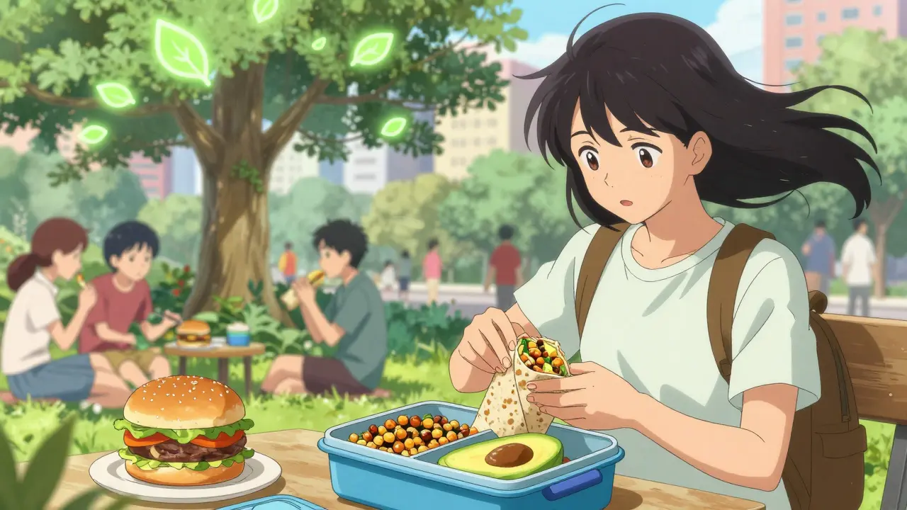 A person enjoying a plant-forward lunch in a park with lentils, avocado, and chickpeas surrounded by urban life.