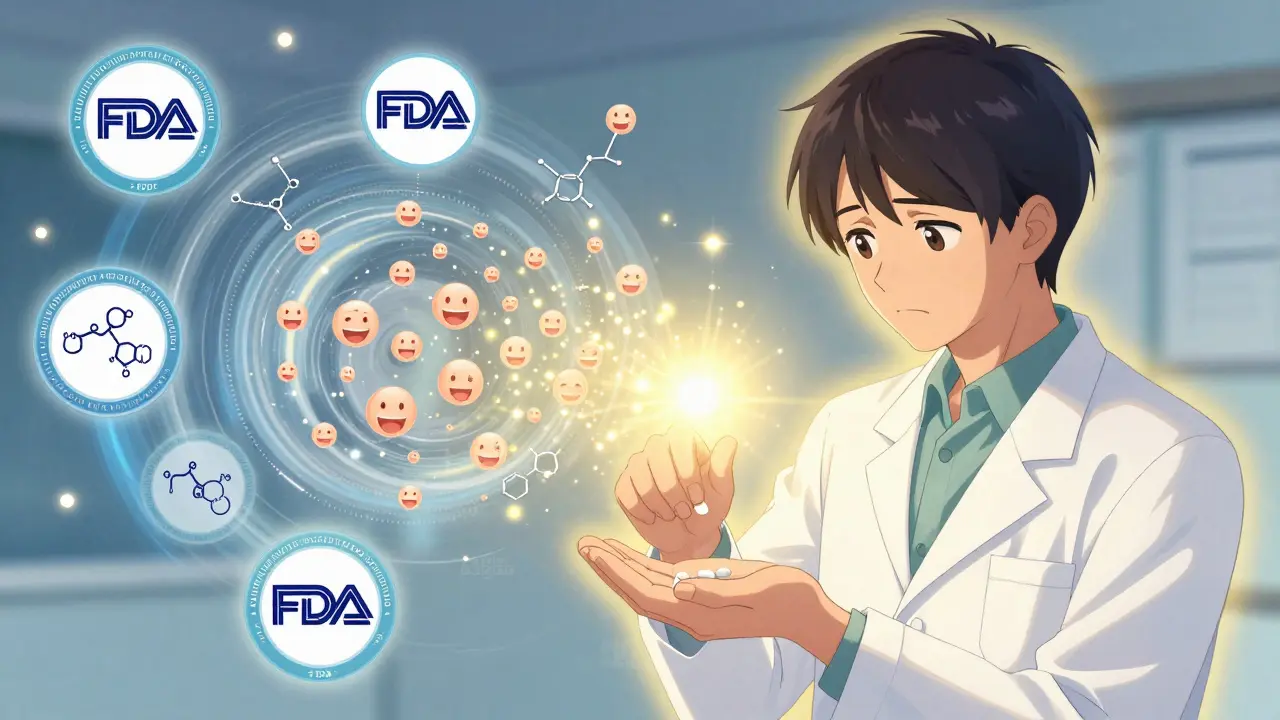 A pharmacist giving a generic pill to a patient, surrounded by data streams showing FDA approval and global success.