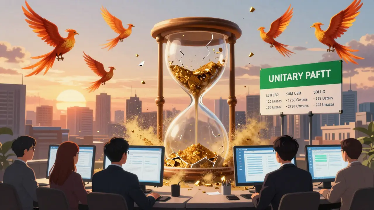 A shattered hourglass explodes into golden dust as generics rise, with unified EU patent banners glowing in the background.