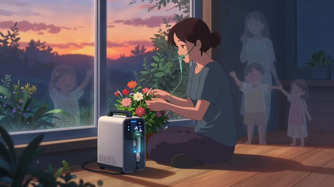 A woman with oxygen tubing tending flowers at sunset, surrounded by translucent memories of loved ones.