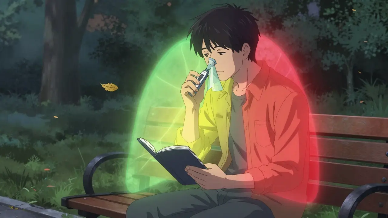 Adult sitting on a park bench with peak flow meter and glowing warning zones.