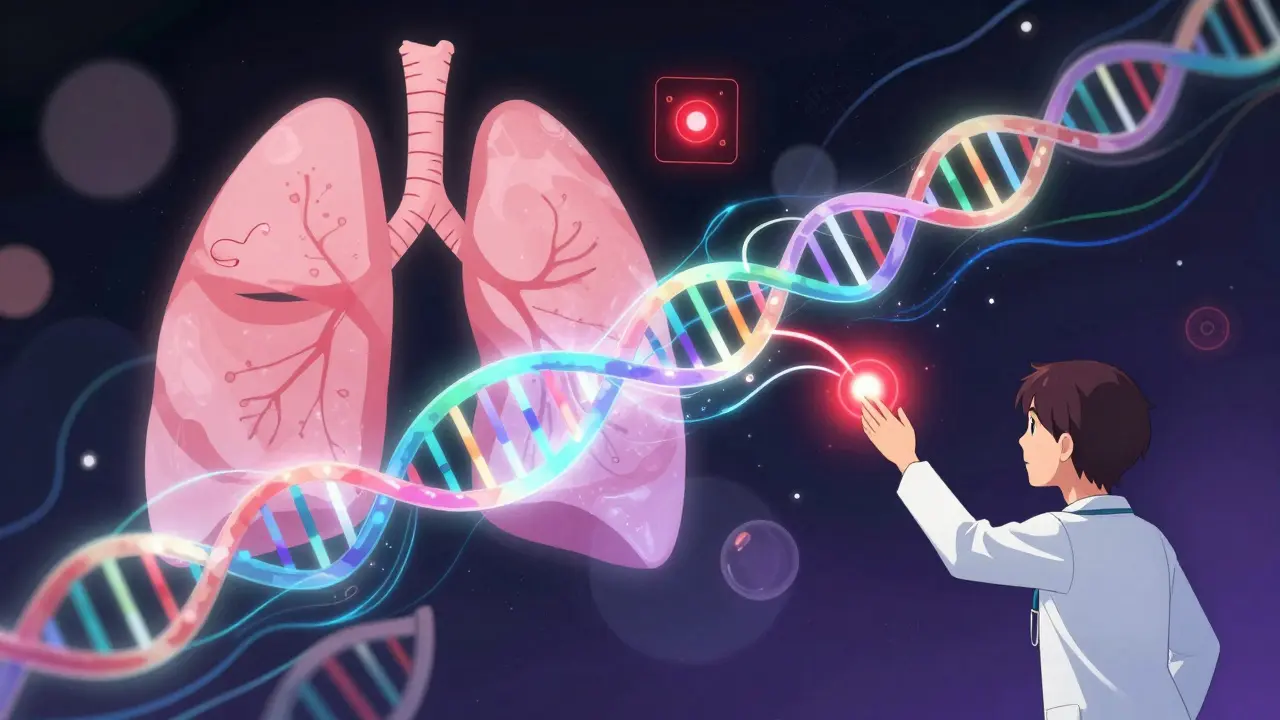 An AI interface analyzing colored DNA strands from multiple cancers with flowing algorithms.