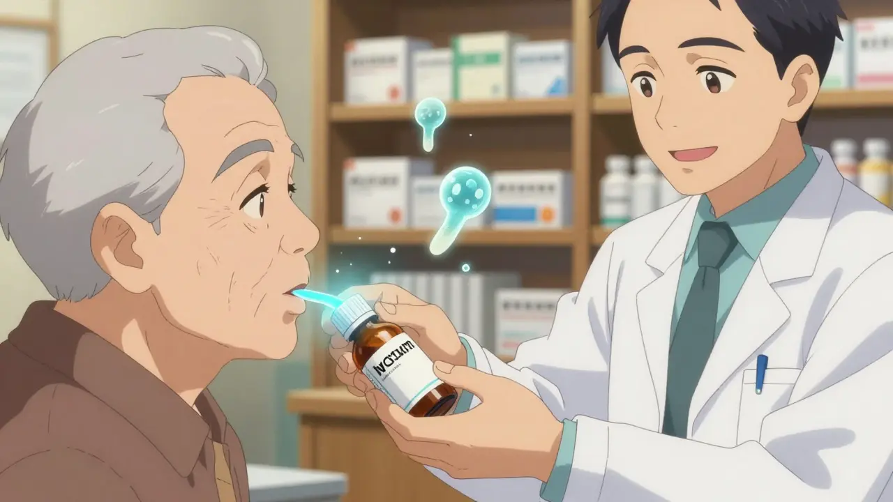 An elderly patient receiving nystatin oral suspension from a pharmacist, with glowing antifungal effects.