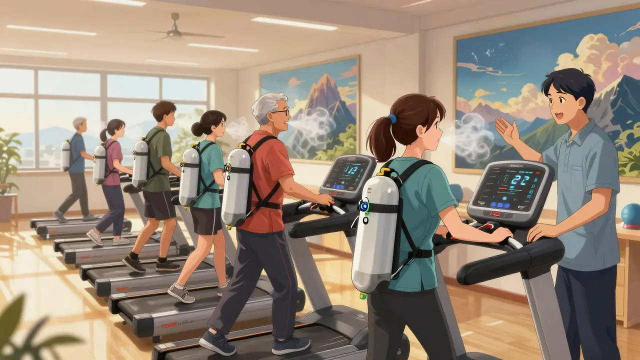 COPD patients exercising in rehab with oxygen tanks, guided by a trainer in a bright, hopeful setting.