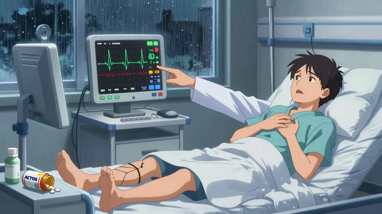 Diabetic patient in hospital bed struggling to breathe, doctor pointing to elevated heart strain markers on monitor.