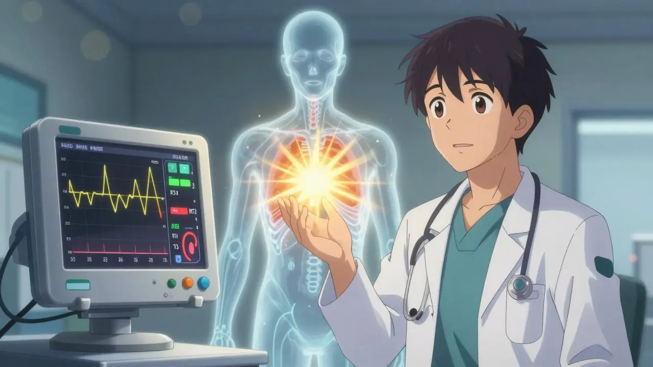 Doctor watching a monitor as patient's hormone levels return to normal, with golden recovery light radiating from their chest.