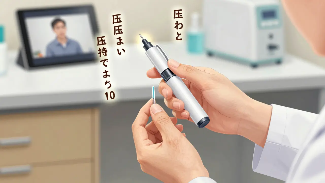 Elderly patient using an insulin pen with pharmacist guiding the technique, animated instructions visible.