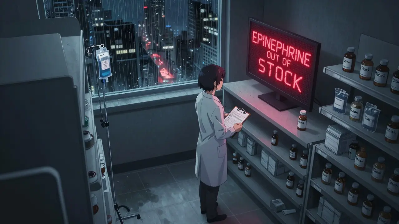 Empty pharmacy shelves with a pharmacist staring at a red 'OUT OF STOCK' alert under rainy city lights.