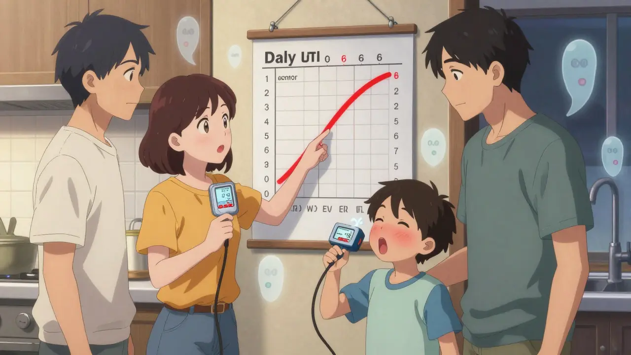 Family reviewing peak flow readings on a wall chart in a kitchen at dusk.