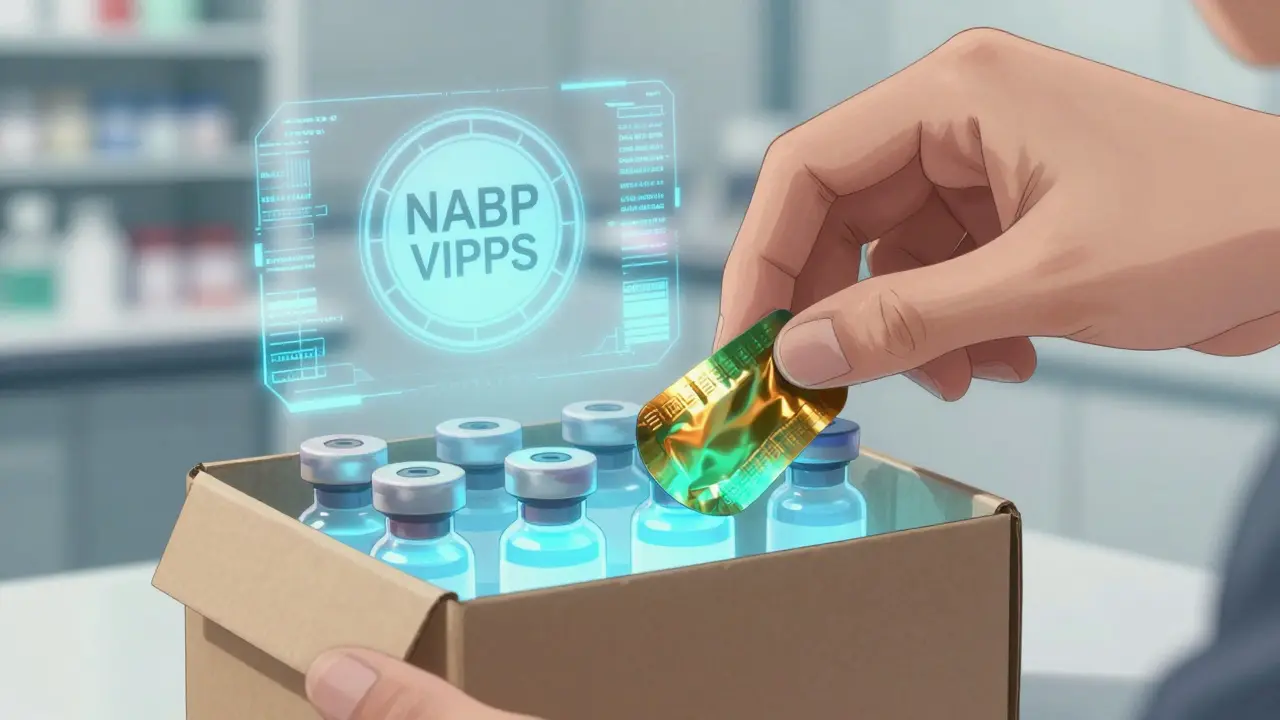 Hand opening tamper-evident box with color-changing seal and glowing biologic vials