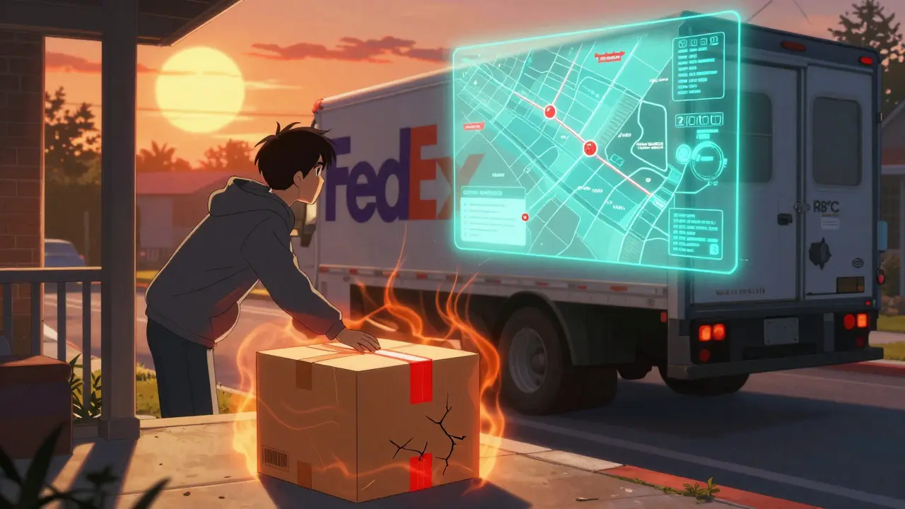 Mail package left on porch under hot sun, heat waves and cracked seal glowing red